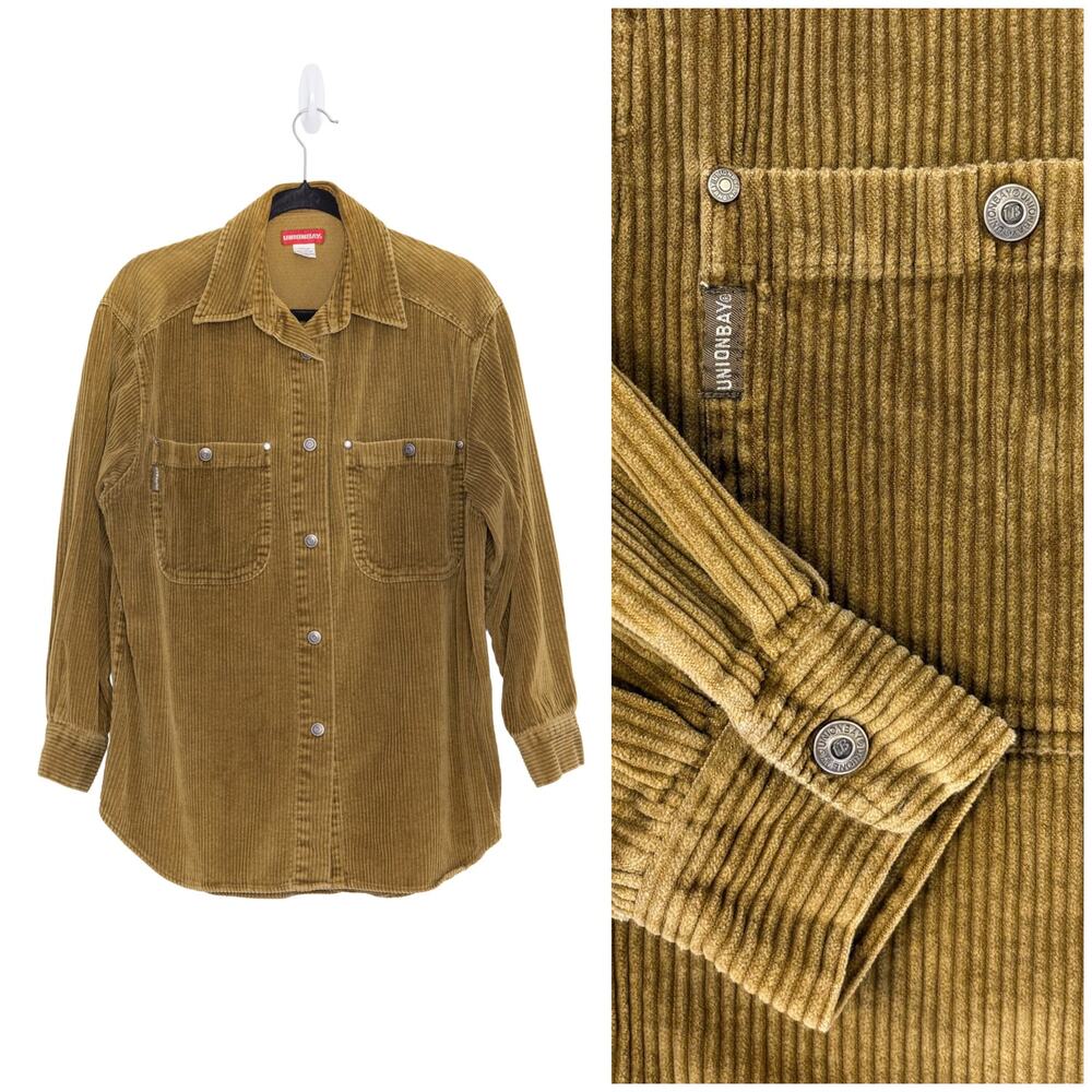 Y2K Unionbay Corduroy Shacket Shirt Mens M VTG Tan 00s Snap Front Skater